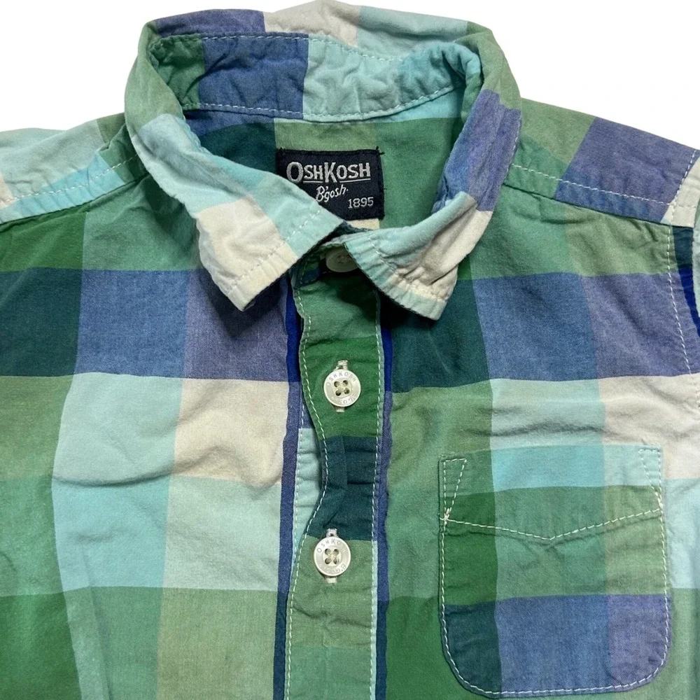 OshKosh B'gosh Plaid Long Sleeve Bodysuit 18 Months Green Blue‎ White